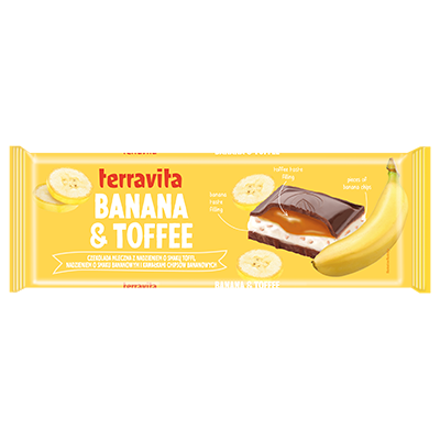 Milk chocolate with banana flavor filling, with toffee flavor filling and banana chips