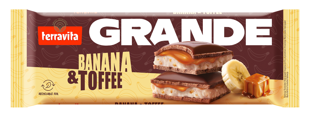 Czekolada mleczna z nadzieniem o smaku bananowym i nadzieniem o smaku toffi z chipsami bananowymi